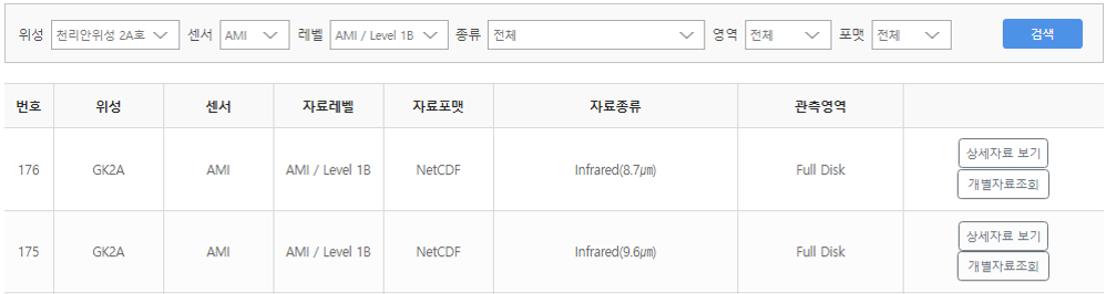 위성자료서비스 자료신청 화면